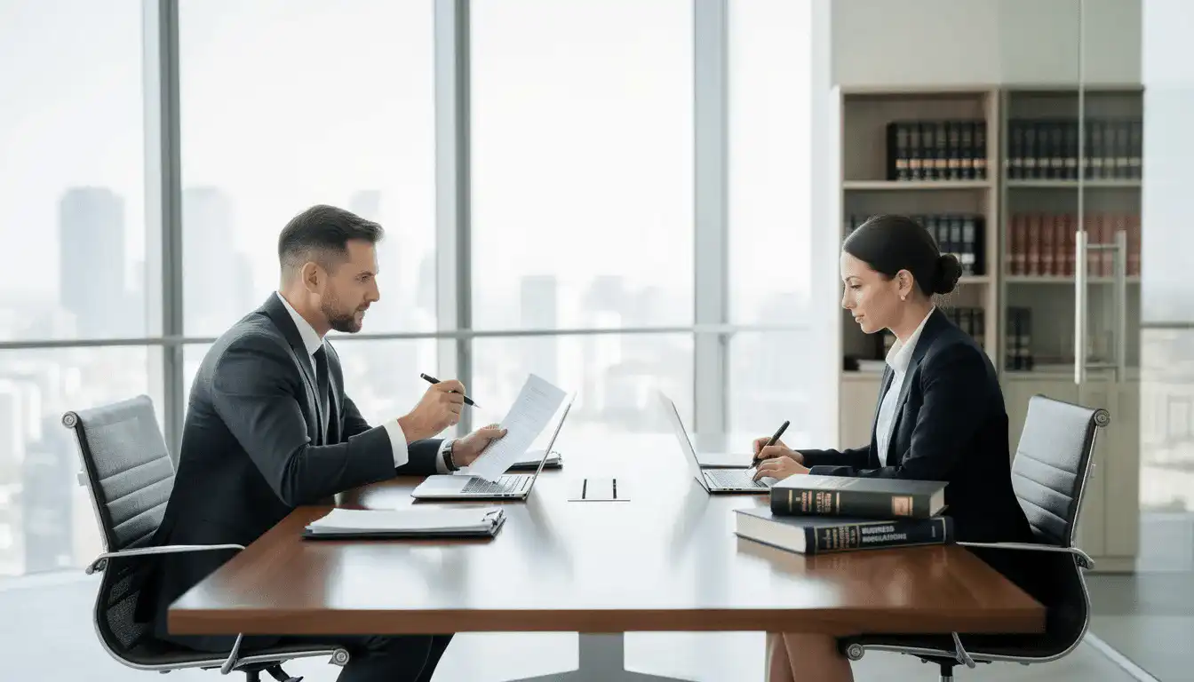 The image depicts a professional legal consultation taking place in a modern office, where attorneys are engaged in discussions with clients about various legal matters, including commercial and property law. The setting reflects a commitment to providing comprehensive legal services to Israeli clients, showcasing the firm's extensive experience and expertise in practicing Israeli law.