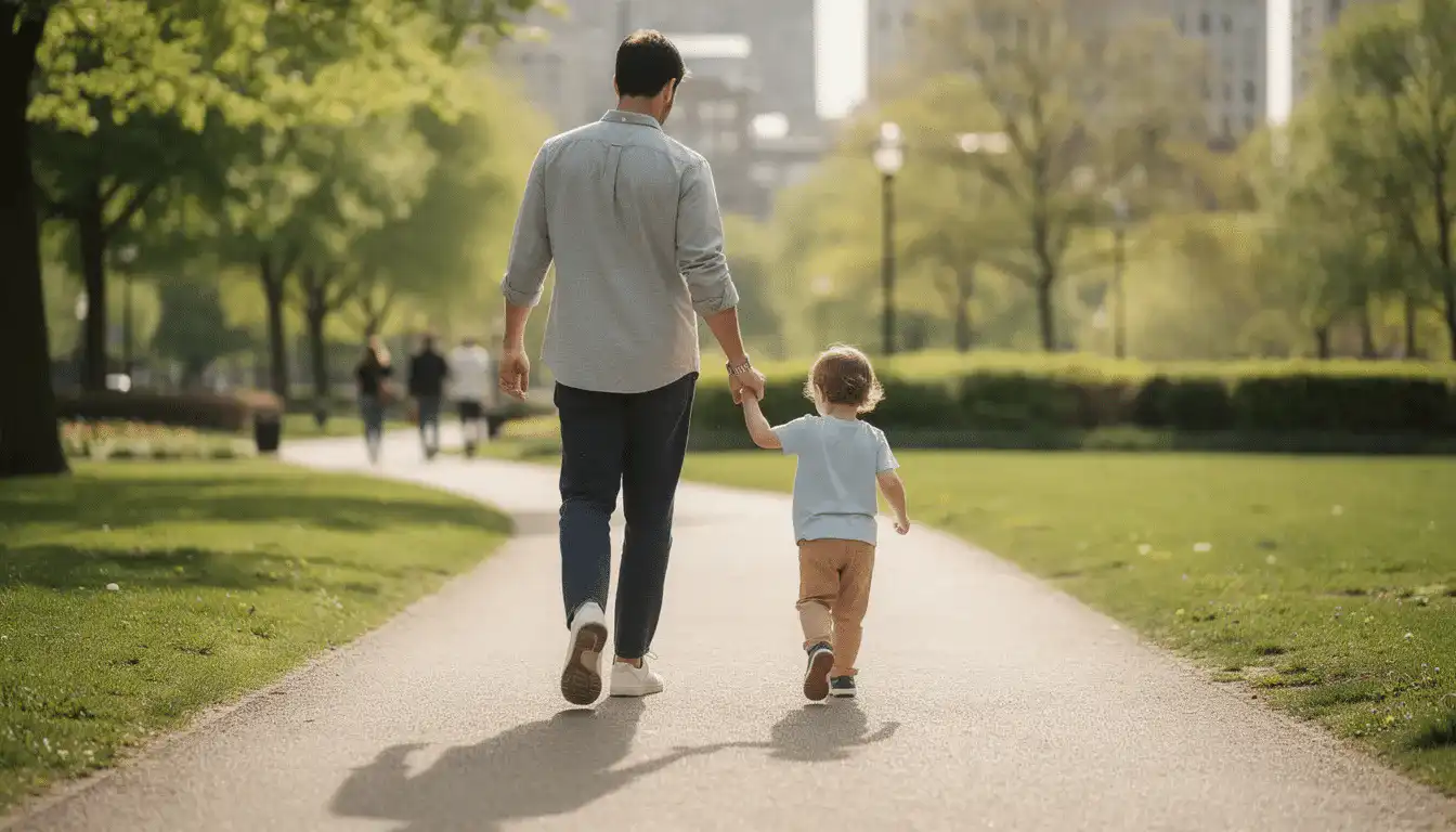 A parent and a young child are walking hand-in-hand through a lush park, surrounded by trees and blooming flowers, enjoying a sunny day together. This heartwarming scene reflects the importance of family connections, often considered in family law matters such as child custody and support in Israel.