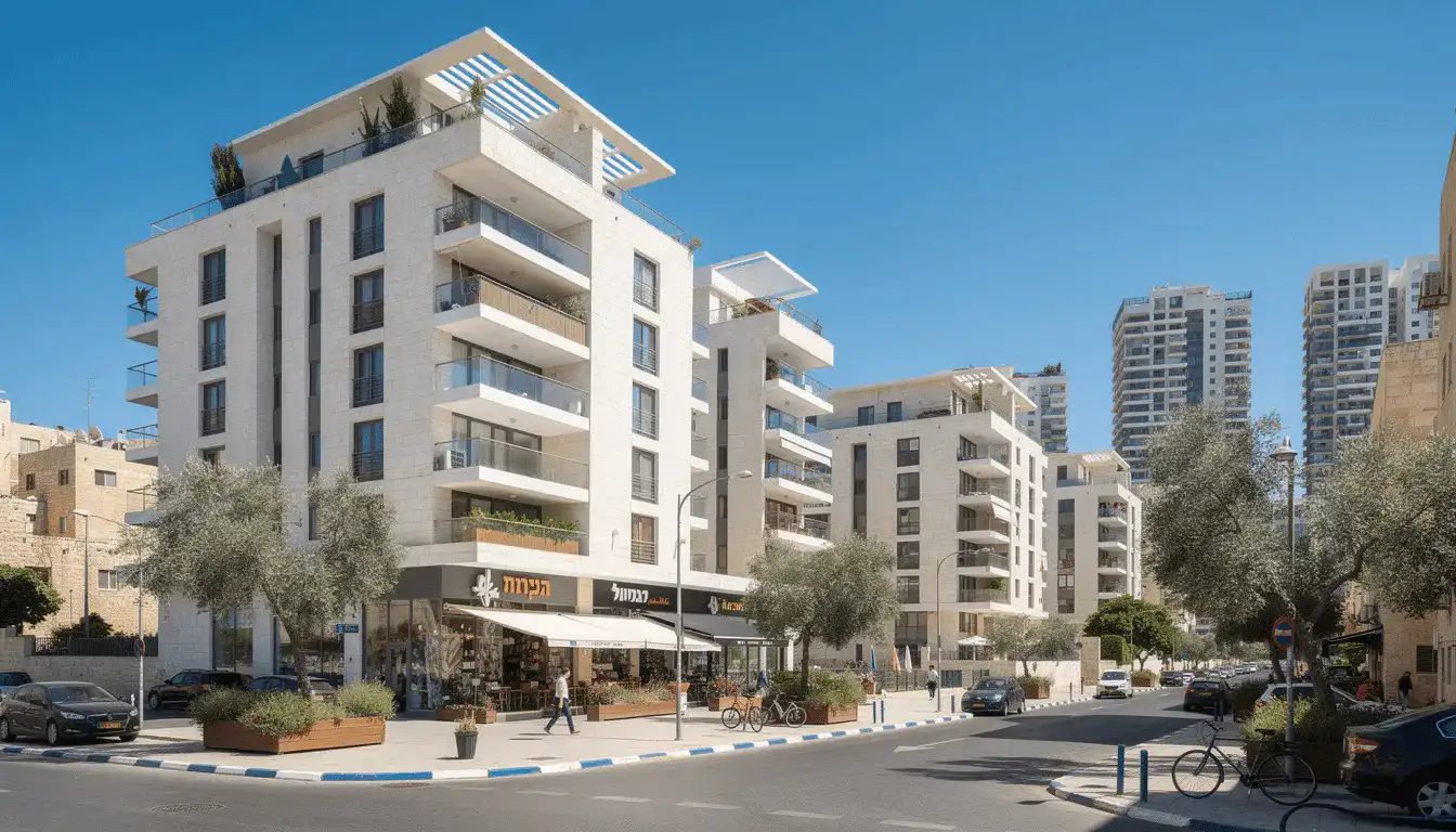 The image depicts modern apartment buildings in the bustling city center of Tel Aviv, Israel, showcasing sleek architecture and vibrant urban life. These structures represent the growing trend of residential developments catering to both local and international clients, reflecting the dynamic real estate market in Israel.