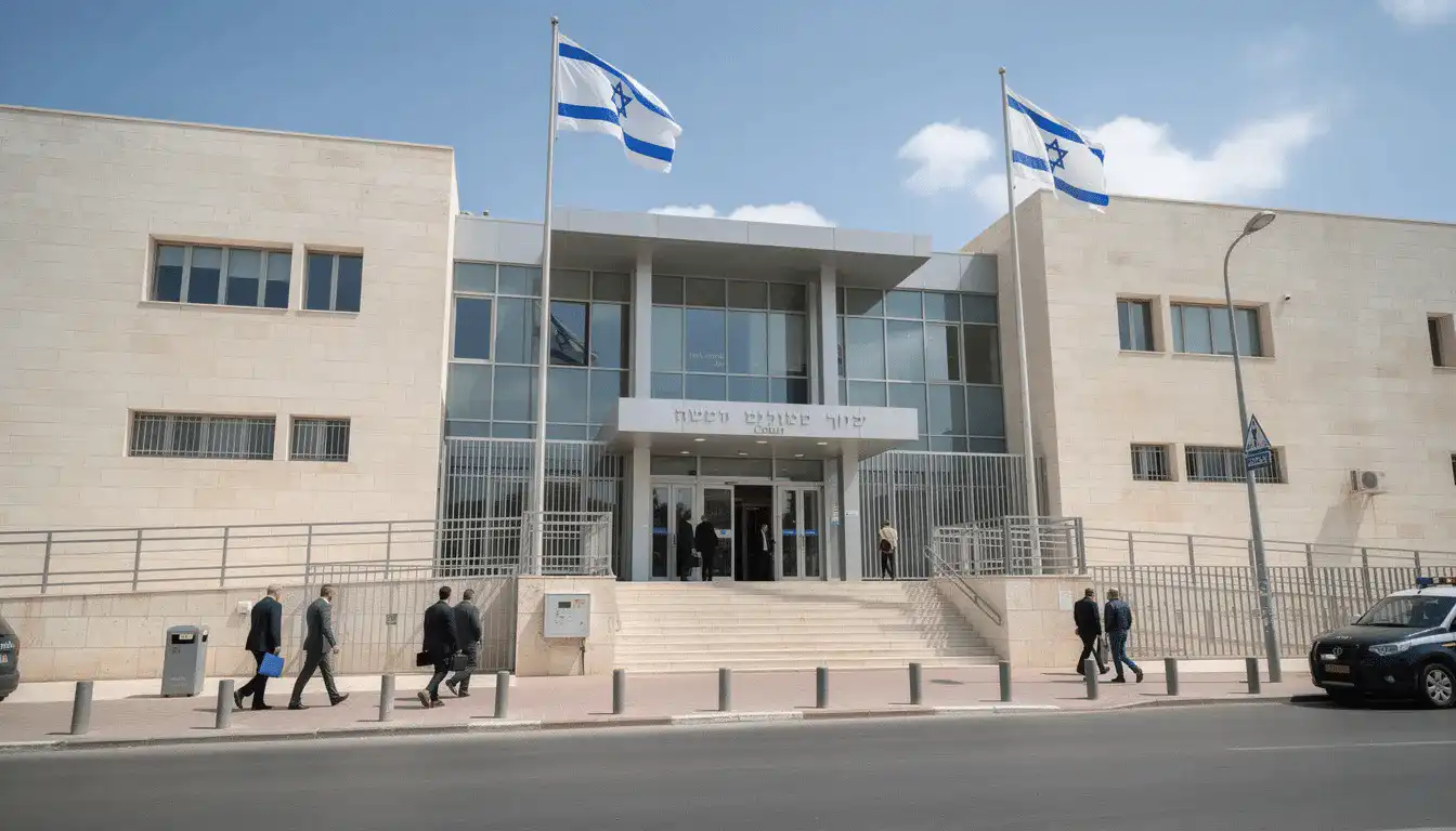 The image shows the exterior of a modern Israeli courthouse, characterized by its sleek architectural design and large glass windows. This building serves as a venue for legal proceedings, including those related to inheritance law and family disputes in Israel.