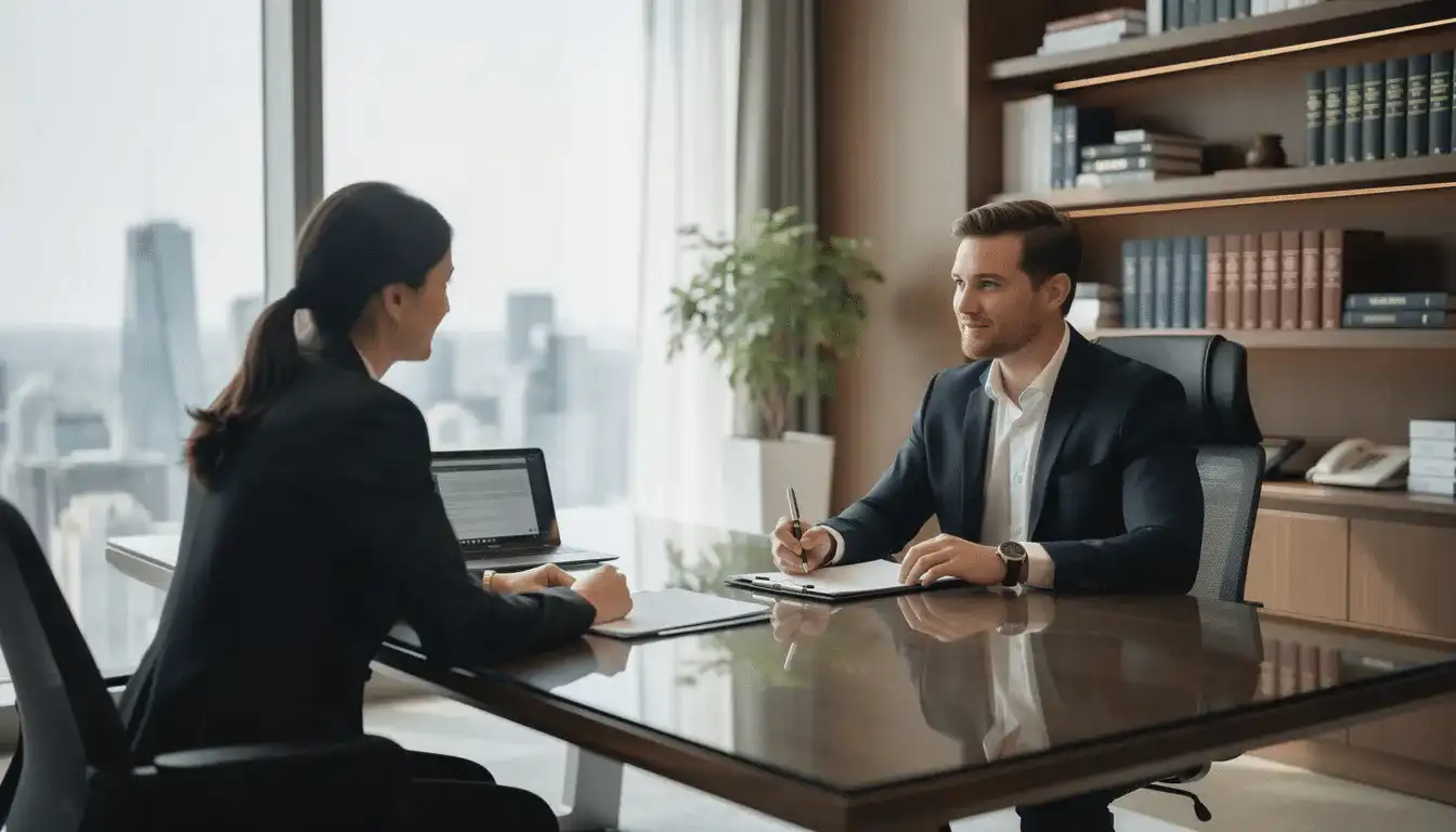 The image depicts a professional legal consultation between an attorney and a client in a modern office setting, emphasizing the importance of family law issues such as divorce proceedings and child custody within the Israeli legal system. The attorney provides legal assistance, ensuring that the client understands their rights and options regarding family matters.