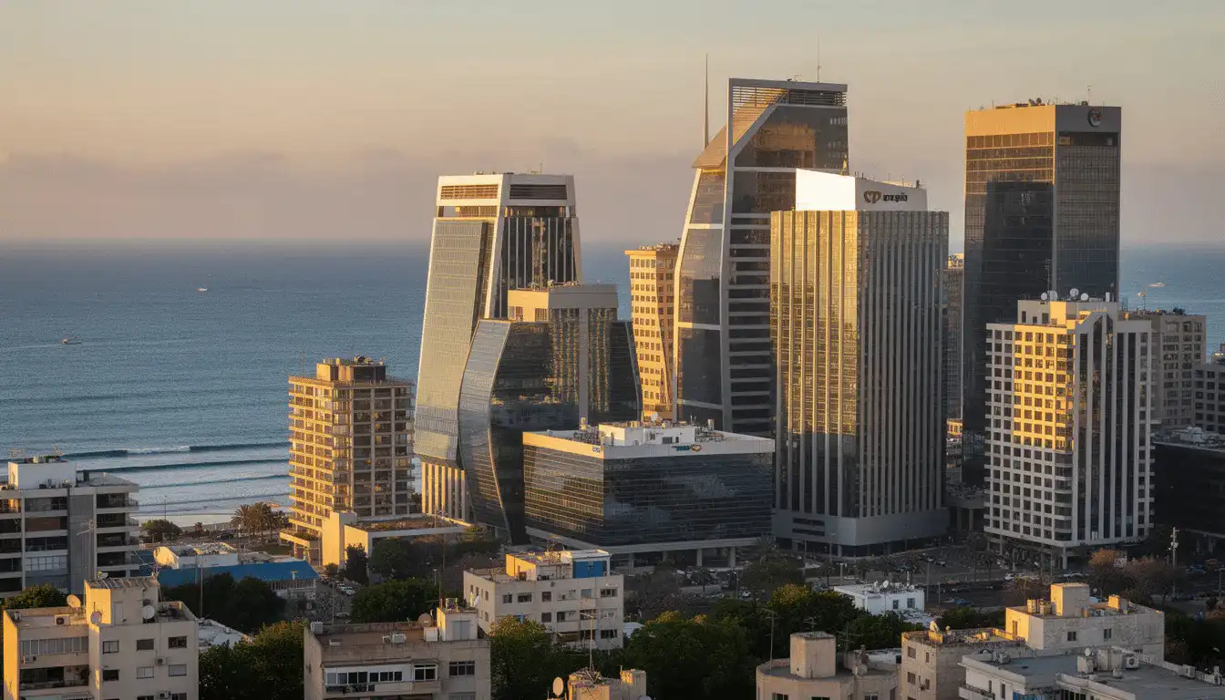 The image depicts the modern skyline of Tel Aviv, featuring sleek office towers against the backdrop of the Mediterranean Sea. This vibrant city is home to many major international law firms, providing legal services in areas such as corporate transactions and commercial litigation for Israeli clients and the world's leading companies.