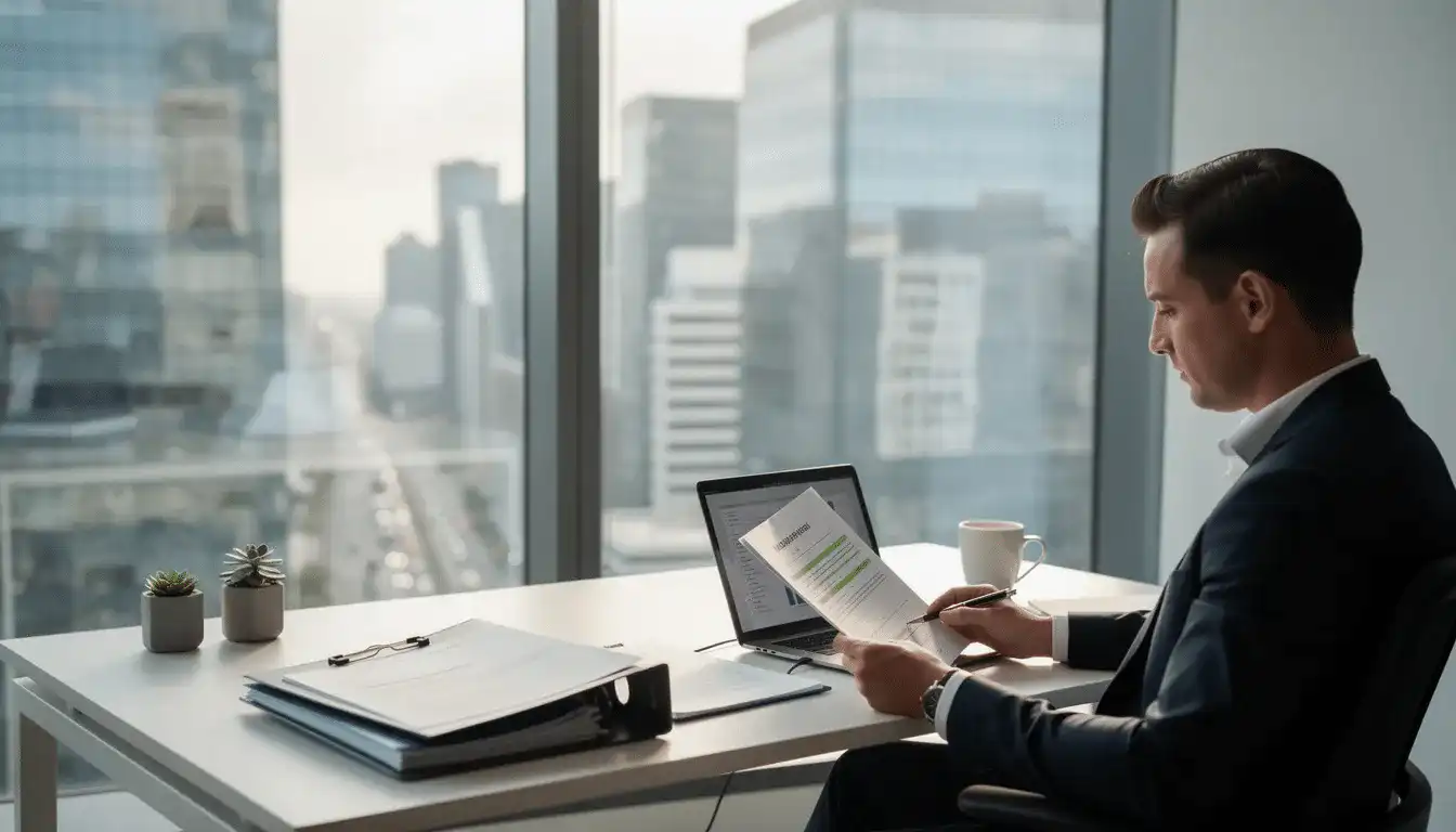 A person is seated at a desk, intently reviewing legal documents, with a panoramic city view visible through the window. This scene reflects the environment of an international law firm, where attorneys engage in corporate and commercial litigation for major clients, including Israeli companies and the world's leading corporations.