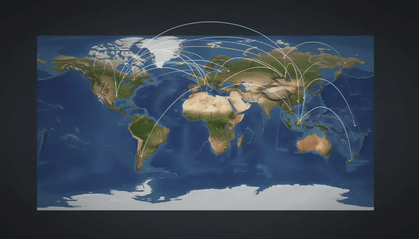 The image depicts a world map with connection lines linking various continents, symbolizing global interactions and relationships. This visual representation could relate to international legal matters, such as those concerning inheritance law and estate administration across different countries, including Israeli inheritance law.