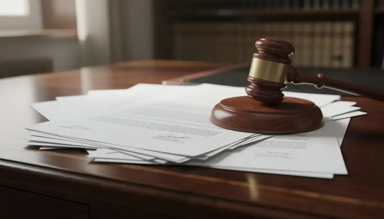 The image features a collection of legal documents alongside a gavel, resting on a wooden desk, symbolizing the legal processes involved in inheritance law. This scene reflects the importance of proper estate planning and the legal requirements for navigating inheritance matters, particularly under Israeli inheritance law.