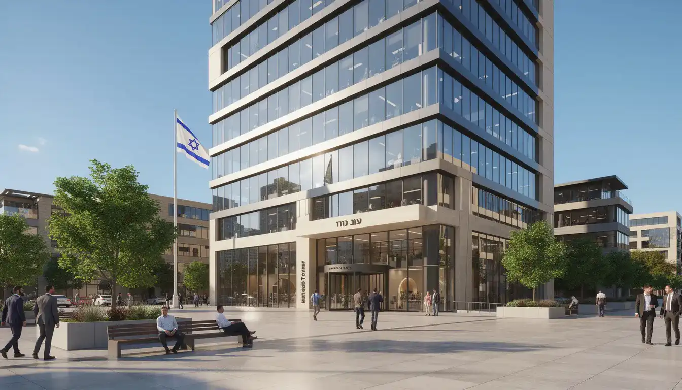 The image depicts a modern commercial building that symbolizes the Israeli business and corporate sector, showcasing sleek architecture and a vibrant urban environment. It represents the hub of economic activities, including debt collection services and legal practices within the local legal landscape of Israel.