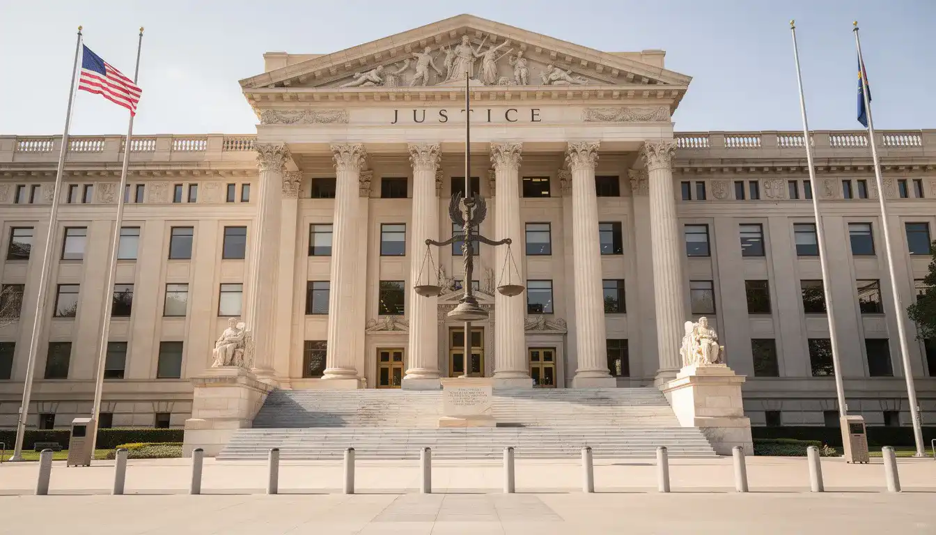 The image depicts the facade of an official government building, symbolizing legal enforcement institutions that oversee debt collection practices and legal proceedings in Israel. This architectural structure represents the framework for fair debt collection and the legal processes involved in debt recovery.