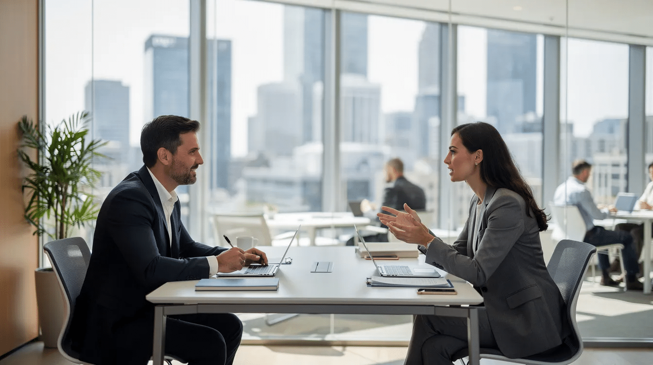 The image depicts a professional meeting between two individuals in a modern office, likely discussing sensitive issues related to family law, such as divorce agreements and child custody. The setting reflects a law firm environment, emphasizing the importance of legal advice in navigating complex cases within the Israeli legal system.