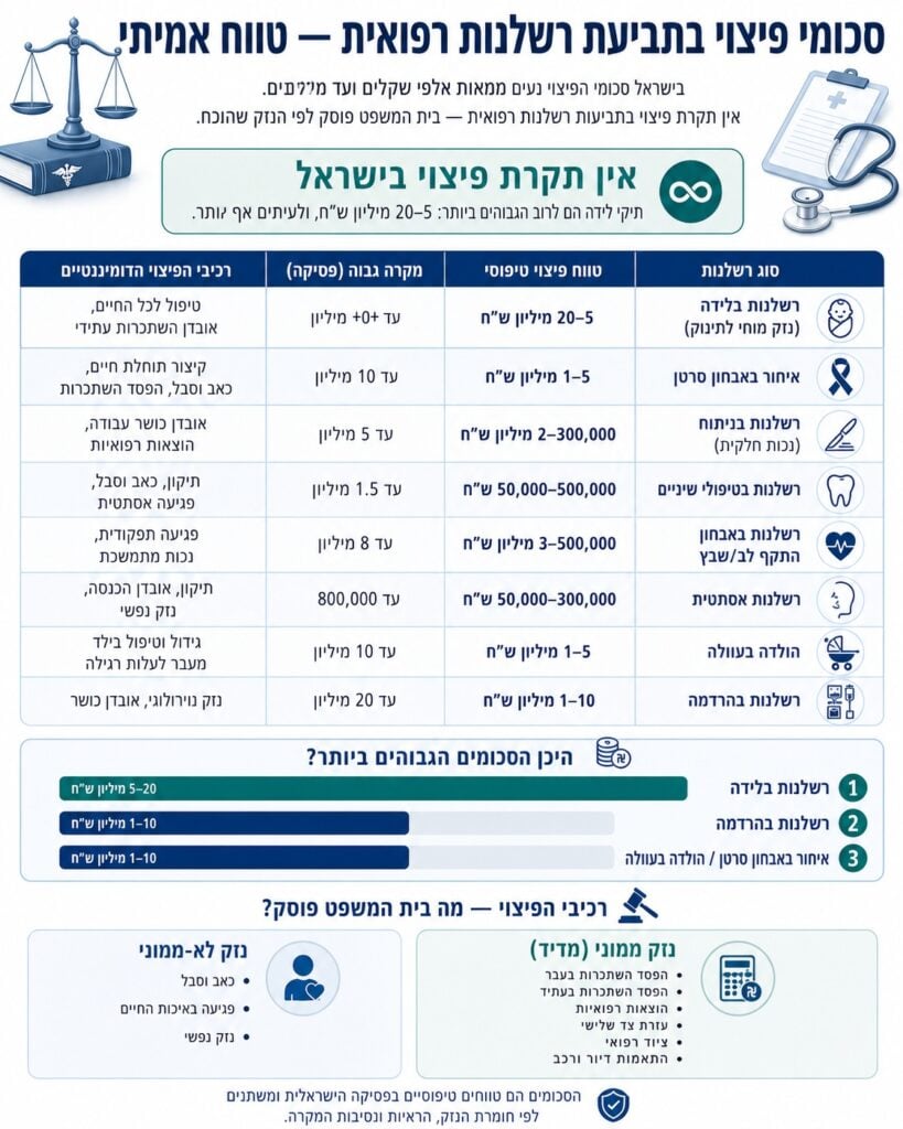 טווחי פיצוי טיפוסיים בפסיקה הישראלית, לפי סוג הרשלנות הרפואית. אין תקרת פיצוי בישראל | משרד עורכי דין דרעי רייפר ושות